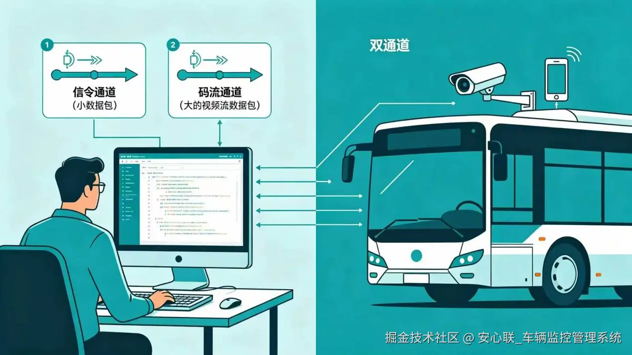 JTT1078 双通道：信令通道与码流通道分工示意