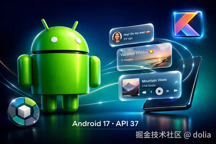 Android 17 API 37 主视觉图，以海军蓝到青色的渐变背景为特色，包含 Android 机器人标志、Kotlin 和 Jetpack Compose 徽章、浮动应用气泡 UI 卡片以及跨设备切换流程线。