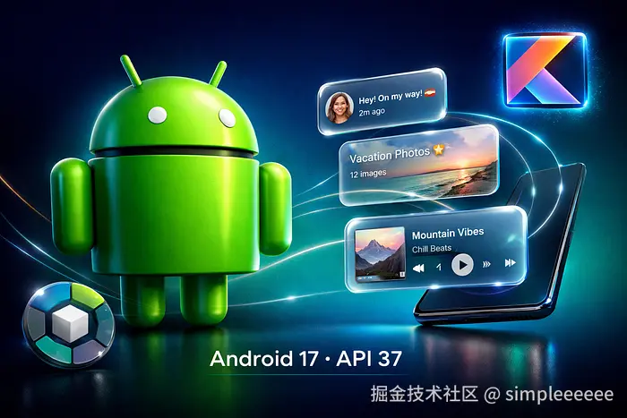 Android 17 API 37 主视觉图，以海军蓝到青色的渐变背景为特色，包含 Android 机器人标志、Kotlin 和 Jetpack Compose 徽章、浮动应用气泡 UI 卡片以及跨设备切换流程线。