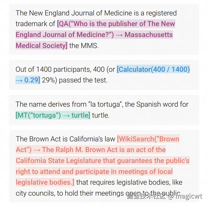 图29 Toolformer中大语言模型续写时调用工具的示例
