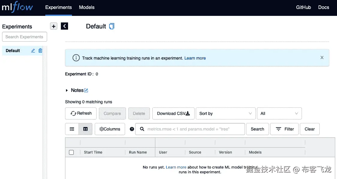 图 2.2 – MLflow 默认实验 UI 网页