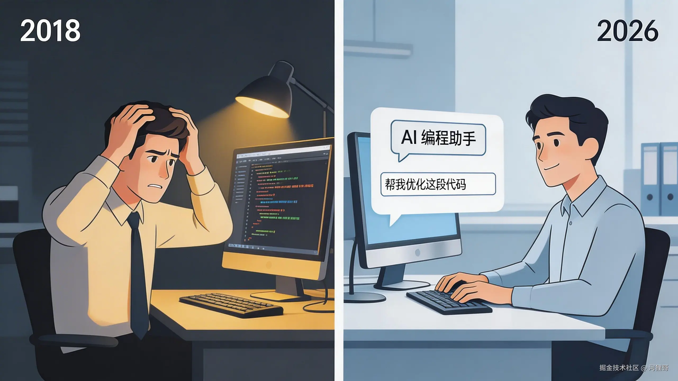 jimeng-2026-03-30-2599-正向提示词： 极简扁平商务插画，左右对称分屏设计，低饱和度蓝银主色调，左半屏是 ....png