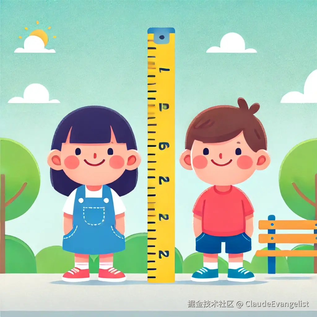 DALL·E 2024-11-03 14.10.03 - A digital illustration showing two children of similar height standing side by side, both smiling with one holding a measuring tape stretched between .webp