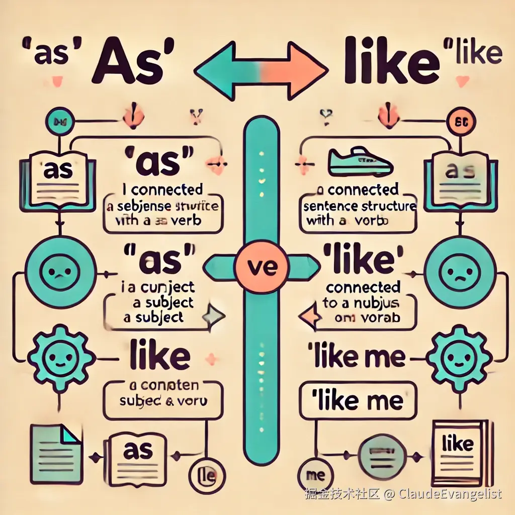 DALL·E 2024-09-10 23.56.38 - An illustration showing the difference between 'as' and 'like' in English grammar. On the left, the word 'as' is connected to a sentence structure wit.webp