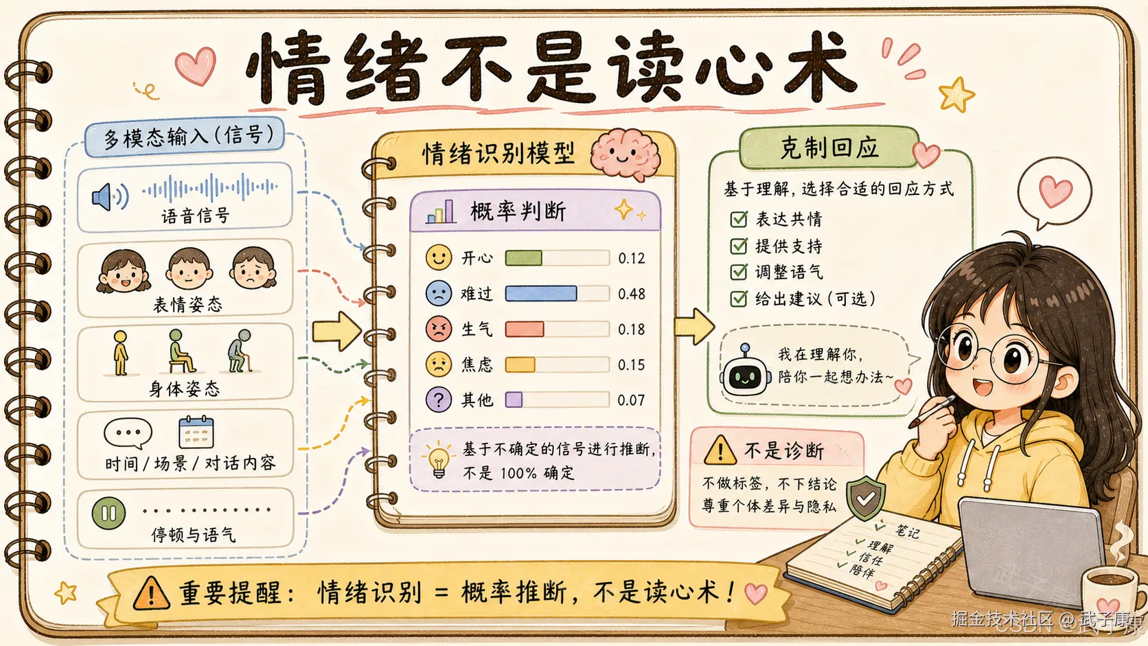 情绪不是读心术：左侧五类多模态信号输入（语音 / 表情姿态 / 身体姿态 / 时间场景对话 / 停顿与语气） → 中间情绪识别概率模型（难过 0.48 最高，其余 0.07-0.18） → 右侧克制回应清单（共情 / 支持 / 调音 / 可选建议）+ 警告「Not a diagnosis」