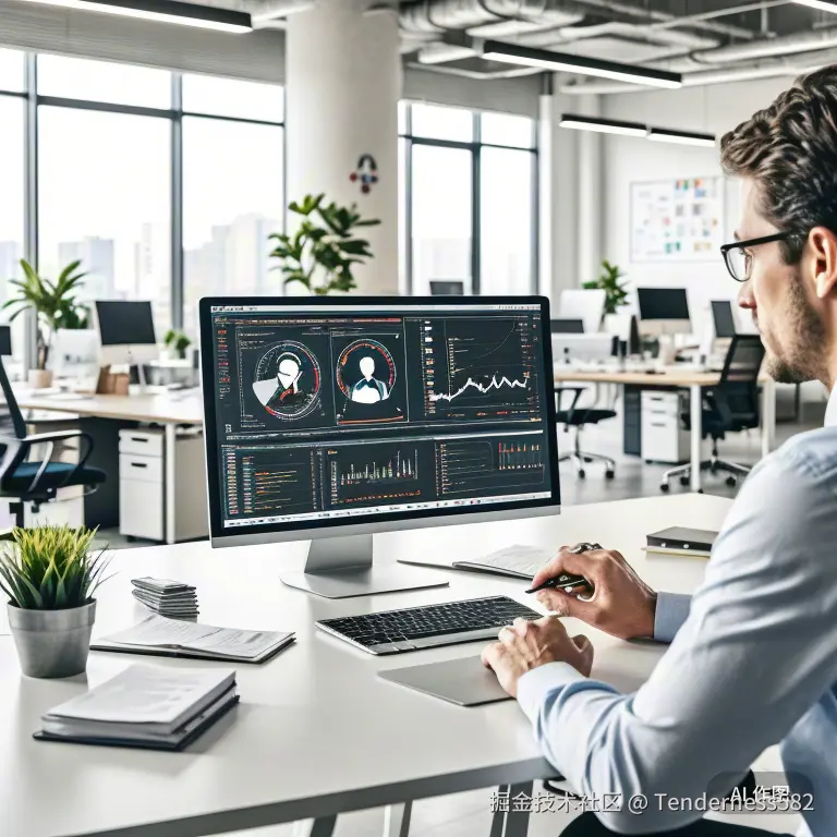 一位经理在办公室查看实时数据仪表盘，屏幕上显示用户画像和转化率图表